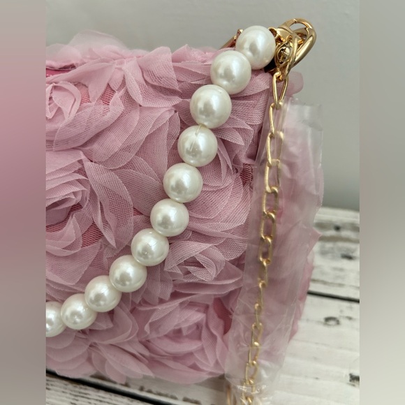 Pink Floral Rosette Women's Purse includes Pearl handle & gold chain crossbody - Picture 3 of 4